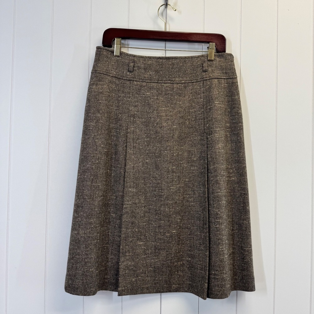Dark Academia Wool Silk Blend Herringbone Pleated Skirt Women Size 10 Heritage